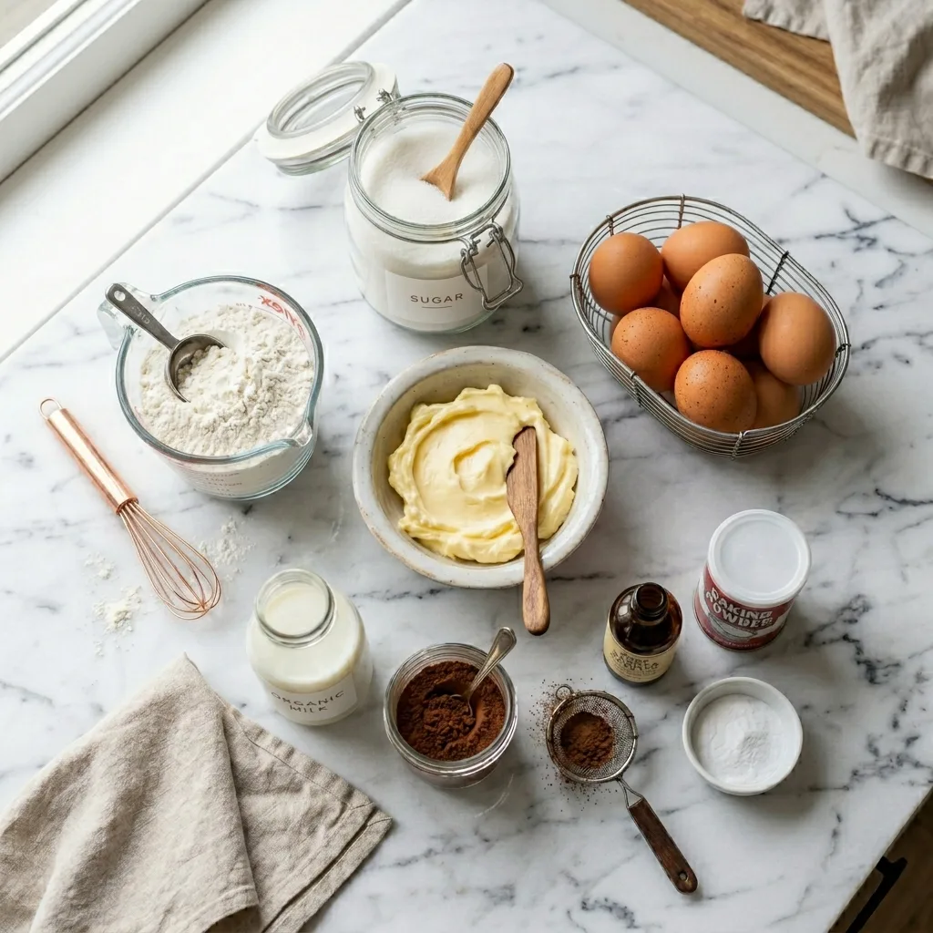 Cake ingredients on marble surface 202605032106