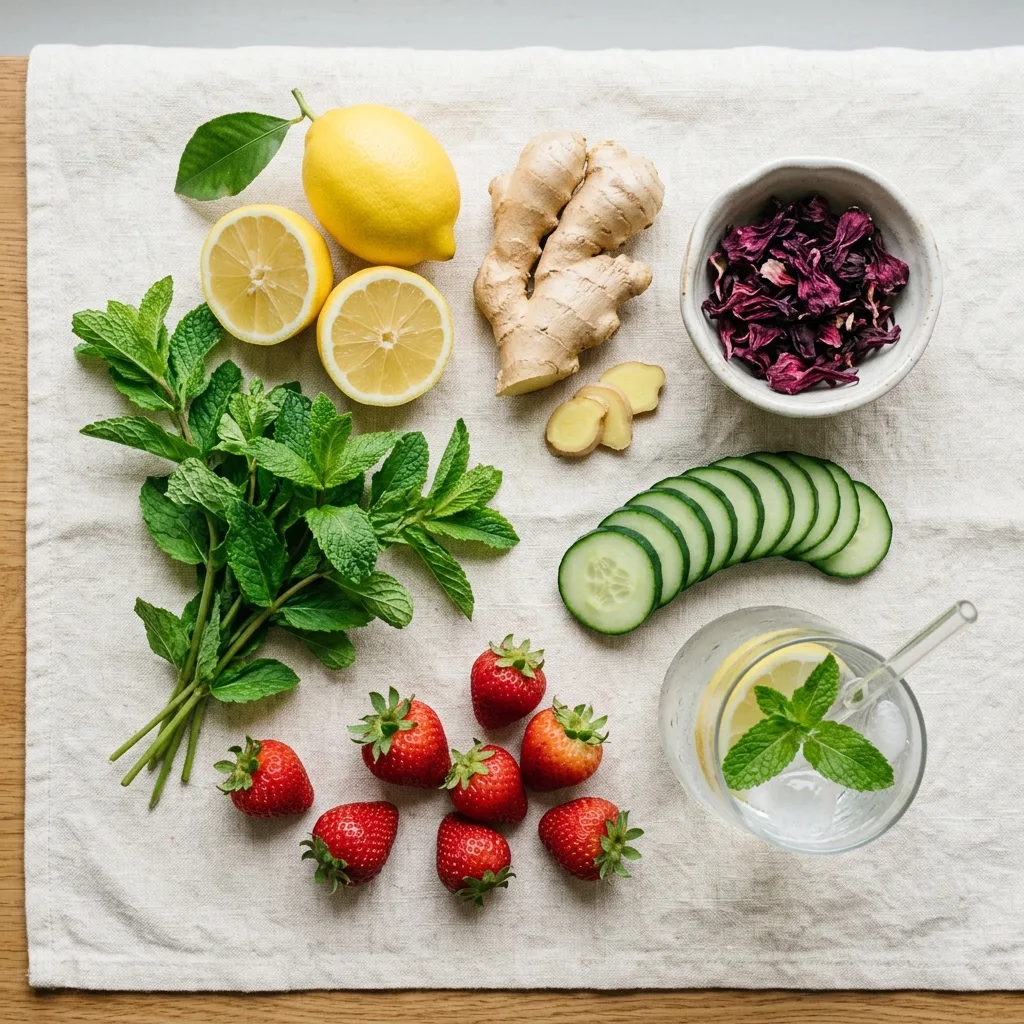 Drink ingredients on linen surface 202605030013