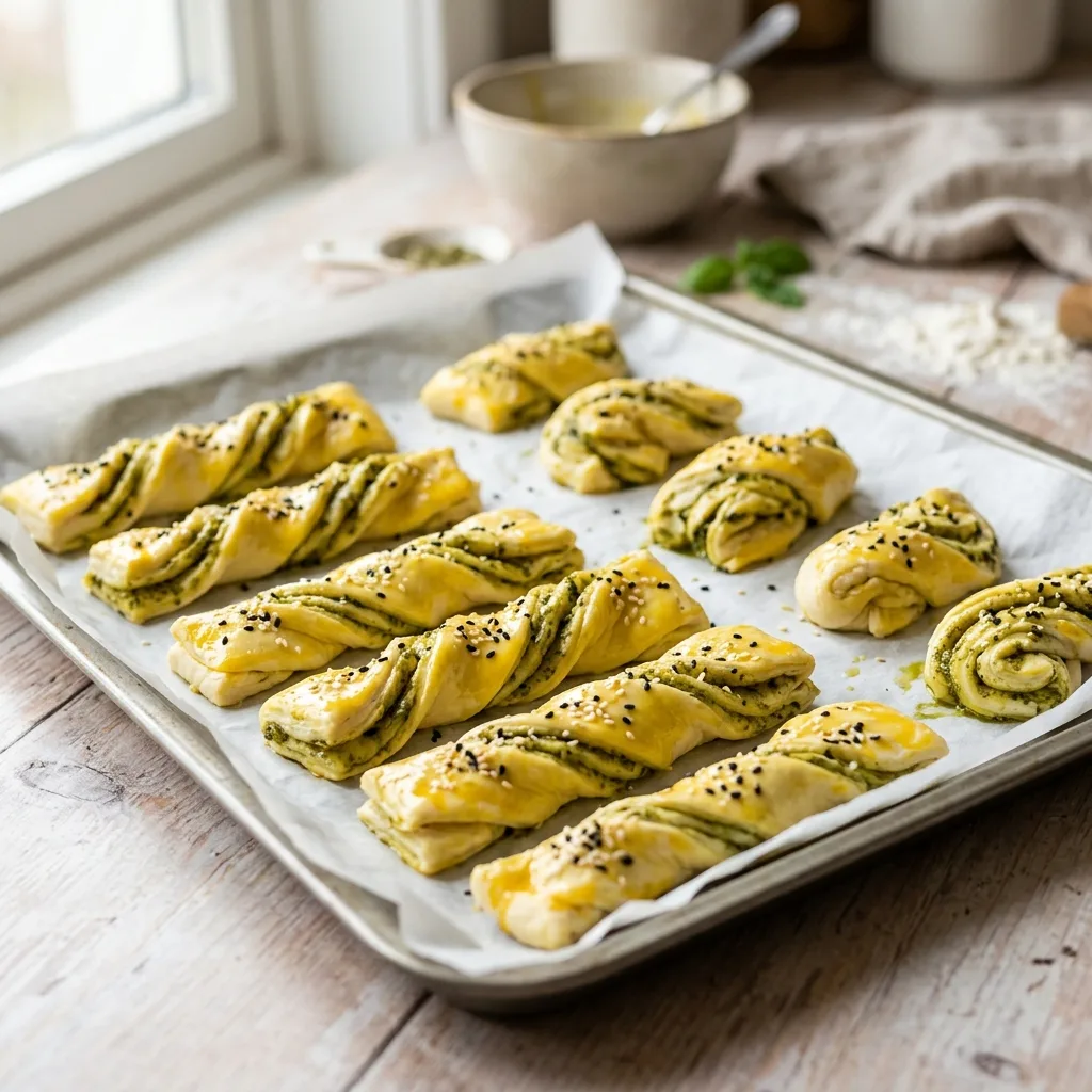 Pesto twists on baking sheet 202605071144