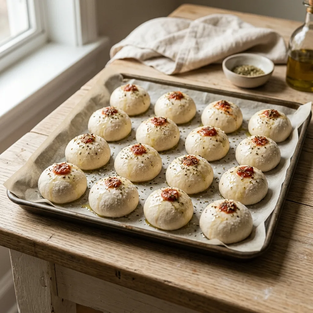 Pizza balls on baking sheet 202605071203
