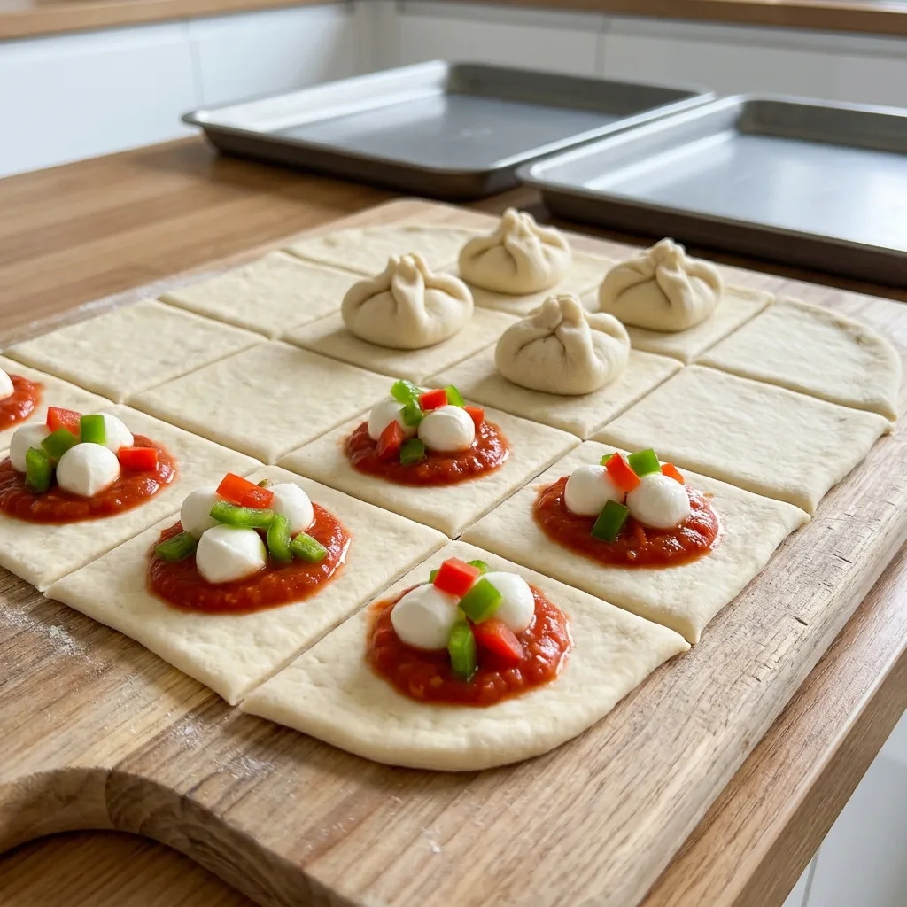 Pizza dough squares with toppings 202605071200