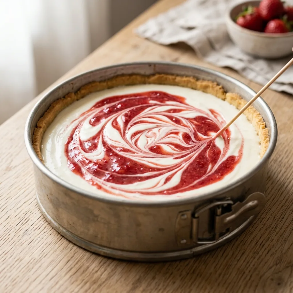 Strawberry sauce swirled cheesecake 202605061715